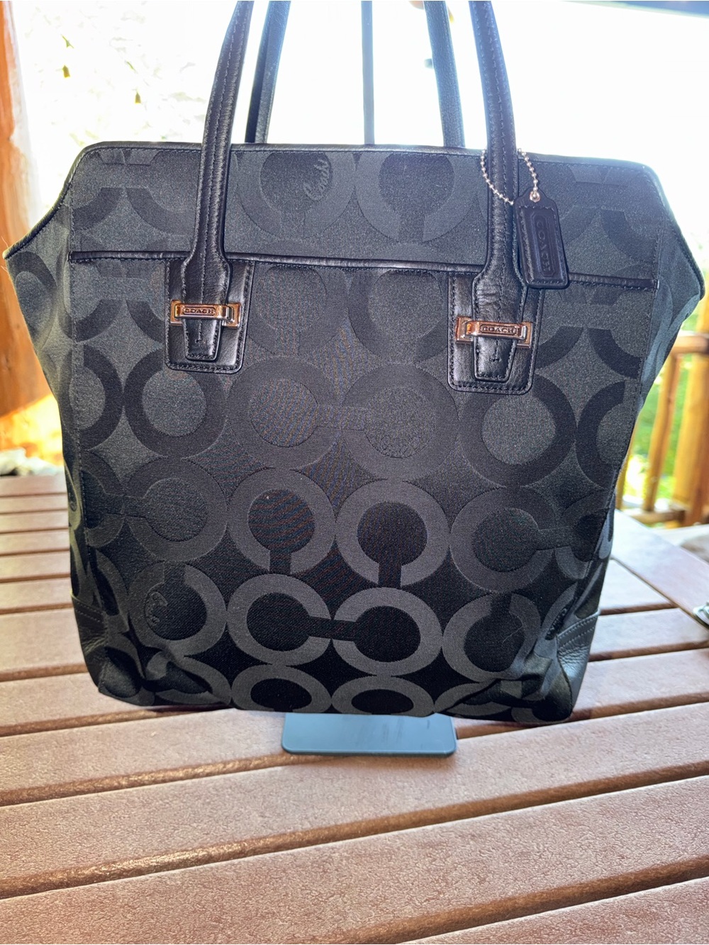 Coach Black Logo Tote with Leather Trim